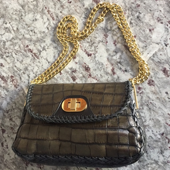 Badgley Mischka Handbags - Badgley Mischka Olive Croc Embossed Leather Bag